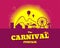 Carnival funfair flyer or banner. Amusement park with circus, carousels, rollercoaster, attractions on sunset background