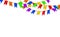 Carnival garlands flags decorative multicolor, 3d caramel glossy little pennants hanging by rope. Realistic plastic toy for