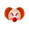 Carnival halloween, masquerade clown mask with big red nose and curly hair