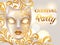 Carnival invitation card with venetian mask decorated golden ornaments. Celebration party background