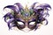 Carnival Mardi Gras label with masquerade mask, feathers on white. Vintage style