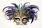 Carnival Mardi Gras label with masquerade mask, feathers on white. Vintage style