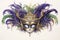 Carnival Mardi Gras label with masquerade mask, feathers on white. Vintage style
