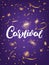 Carnival. Mardi Gras poster with Carnival lettering and gold shiny confetti. Fat Tuesday holiday background