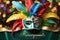 carnival mask, adorned with vibrant hues of green, blue, red, and yellow, elegantly