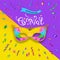 Carnival Mask banner on violet yellow background. Happy carnival festive concept. Vector illustration . Mardi gras. Serpentine