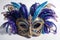 Carnival mask decorated with blue feathers on white background. Brazilian mardi gras party theme. Generative AI