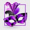 Carnival Mask with pink black lilac feathers in square on transparency background. Happy carnival festive concept