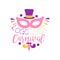 Carnival original logo design with purple cylinder hat and pink mask for Mardi Gras holiday. Colorful label for greeting