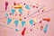 Carnival and party decor. Sweet candy, balloons, straw. Birthday background