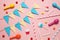 Carnival and party decor. Sweet candy, balloons, straw. Birthday background