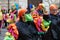 Carnival party. Happy people with traditional masks, costumes and painted face.