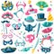 Carnival party inventory set. Large set of isolated carnival items on white background in illustrative cartoon style