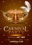 Carnival party template with decorative mask on glossy brown background