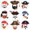 Carnival pirate mask. Funny sea pirates hats, journey bandana with dreadlocks hair and smoke pipe isolated masks vector