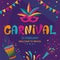 Carnival poster design with dark geometric background. Rio Carnival colorful inscription with mask, garland and drum