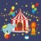 Carnival with striped tents, cheerful circus, elephant, lion and monkey.