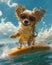 Carnivore companion dog with goggles surfing in water under cloudy sky