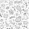 Carnivore diet seamless outline pattern. Food pattern with pork, meat, shrimp, egg, cheese, sausage, fish, steak, rosemary.