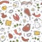 Carnivore diet seamless pattern. Food pattern with pork, meat, shrimp, egg, cheese, sausage, fish, steak, rosemary. Healthy food.