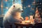 A Carnivore Polar bear sits at a Table by a Christmas tree