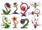 Carnivorous plant set. Cartoon flytraps or flower predators. Angry flowers with teeth. Monster plant icons. Vector