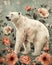 A carnivorous polar bear stands among flowers in a photograph