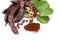 Carob beans. Healthy organic sweet carob pods with seeds and leaves and carob powder