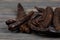 Carob. Healthy sweet carob pods on gray wooden background closeup