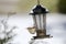 Carolina Wren songbird on snow covered bird feeder, Georgia, USA
