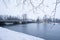 Caroline Bridge of Landsberg at Lech river in winter