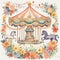 Carousel horse and watercolor flowers. Carousel horse watercolor art with flowers. Beautiful circus carousel and colorful flowers