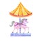 Carousel with a pink horse. Fun fair. Watercolor drawing.