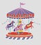 Carousel, roundabout or merry-go-round with adorable horses or ponies. Amusement ride for children`s entertainment