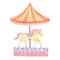 Carousel with a yellow horse under a large multi-colored tent. Watercolor drawing.
