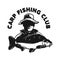 Carp fishing club. Emblem template with carp fish and fisherman. Design element for logo, label, sign, poster.