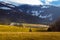 Carpathian Mountains in Transcarpathia, late evening sun in valley beneath peak of Gemba mountain, covered with snow, early spring