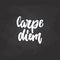 Carpe Diem - hand drawn lettering latin phrase Seize the day on the black chalkboard background. Fun brush ink