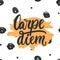 Carpe diem - hand drawn lettering phrase means seize the day on the polka dot background. Fun brush ink