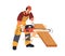 Carpenter with chainsaw sawing wood, cutting wooden plank. Joiner works with electric tool and hardwood, timber during