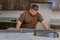 Carpenter at checks level correctness installation custom new countertop kitchen