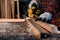 Carpenter craftsman using electric hand wood planer making pool cue or snooker cue in carpentry workplace in an old wooden shed.