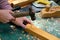 Carpenter hammering a nail into wood plank. DIY, woodworking concept