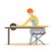 Carpenter man cutting a wooden plank by circular saw, professional wood jointer character vector Illustration