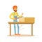 Carpenter man sawing wood in his workshop, woodworker character vector Illustration
