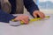 Carpenter measuring laminate counter top cut kitchen remodel