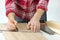 Carpenter measuring plank for the manufacture of the shelf.