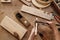 Carpenter measuring wooden planks