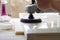 Carpenter polishes the surface of the facade before assembling furniture on a blurred background carpentry workshop, selective