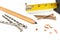 Carpenter's Pencil with Sharpening Shavings, Tape Measure, Framing Nails and Deck Screws